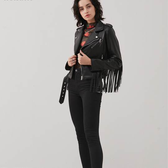 Tassel Slim PU Leather Motorcycle Jacket — Women&