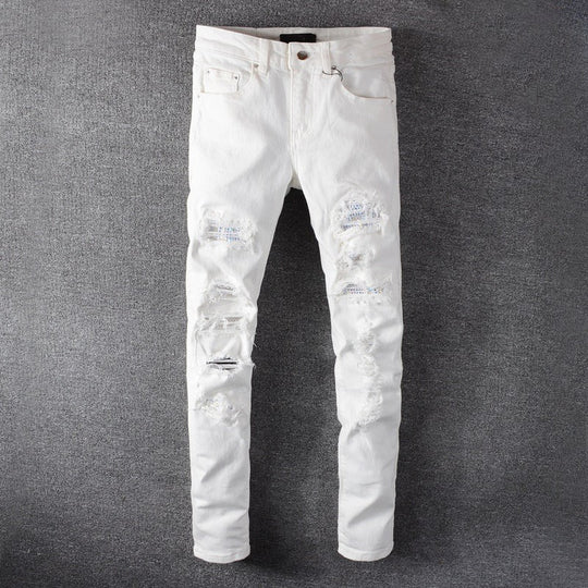 ShopBAM — Studded Patch Stretch Denim with Holes — Dark Blue