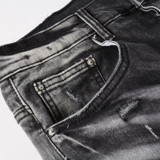 Retro Leather-Trim Ripped Denim — Black Grey