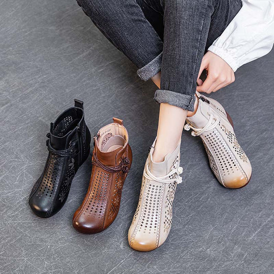 Hollow-Out Leather Retro Boots — Women&