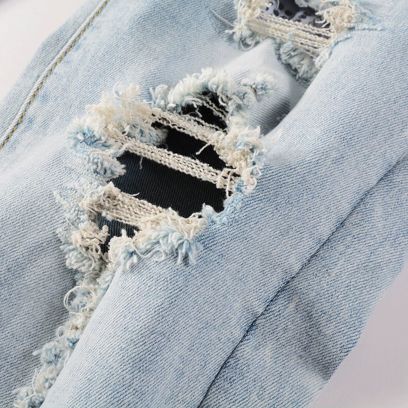 Diamond-Patch Ripped Stretch Skinny Denim — Light Blue