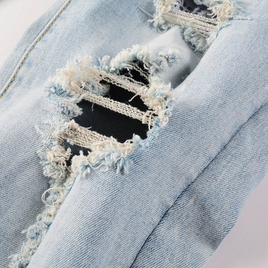 Diamond-Patch Ripped Stretch Skinny Denim — Light Blue