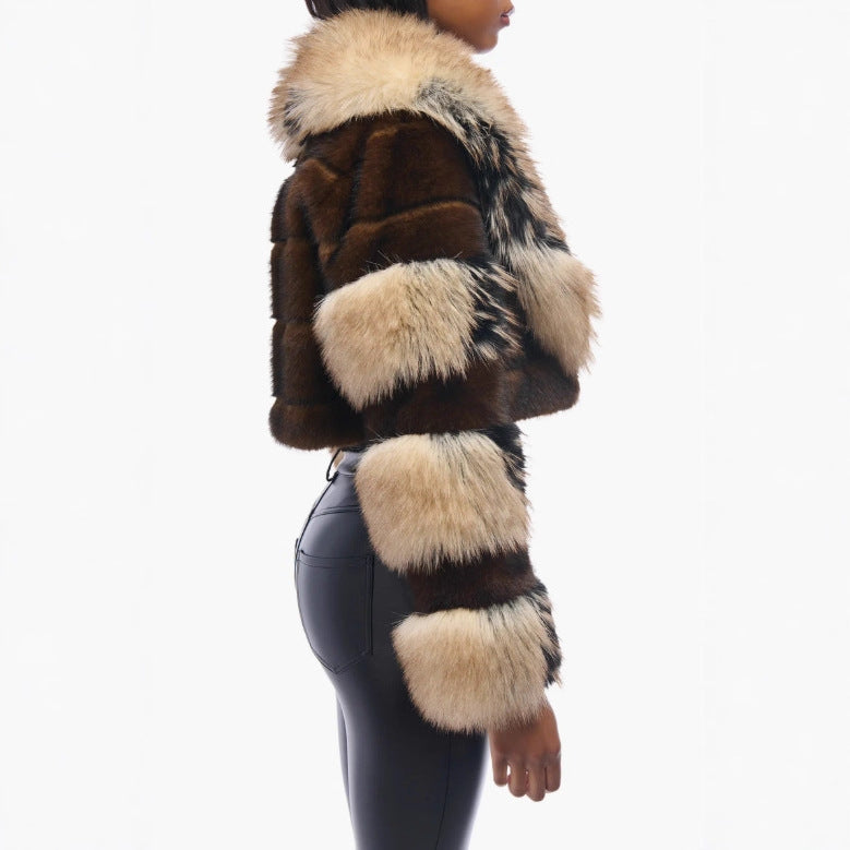 Eco Faux Fur Short Coat — Lapel, Brown