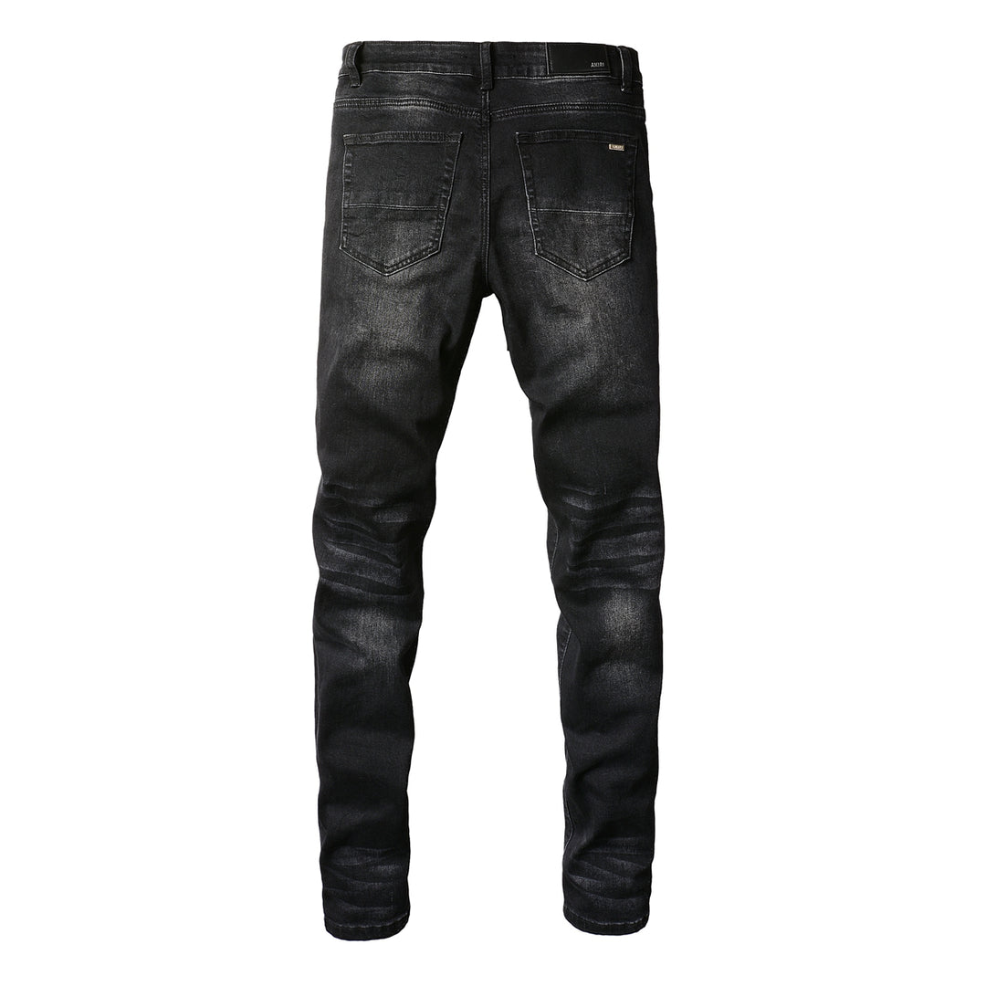 Fashion Red Patch Stretch Slim Denim — Distressed Blue