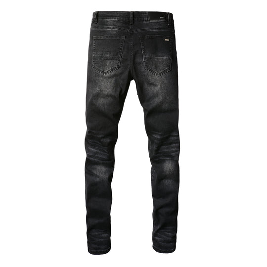 Fashion Red Patch Stretch Slim Denim — Distressed Blue