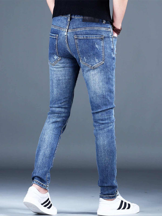 Fleece-Lined Ripped Stretch Denim — Winter Blue