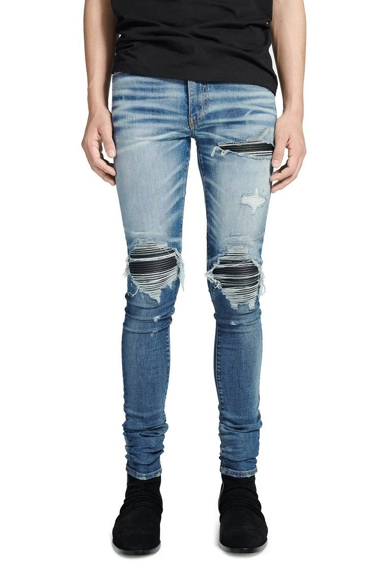 Leather-Patch Pleated Vintage Denim — Light Wash