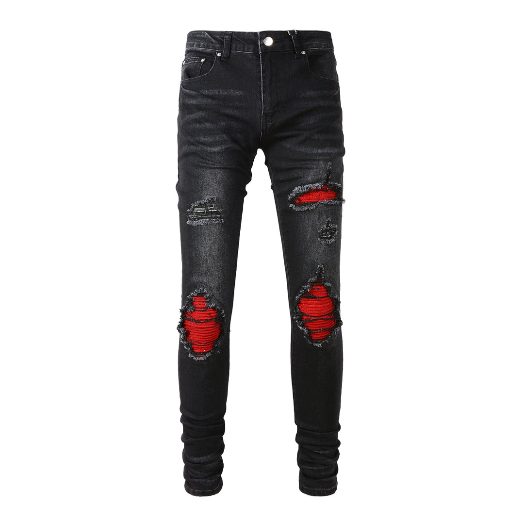 ShopBAM — Fashion Red Patch Stretch Slim Denim — Distressed Blue