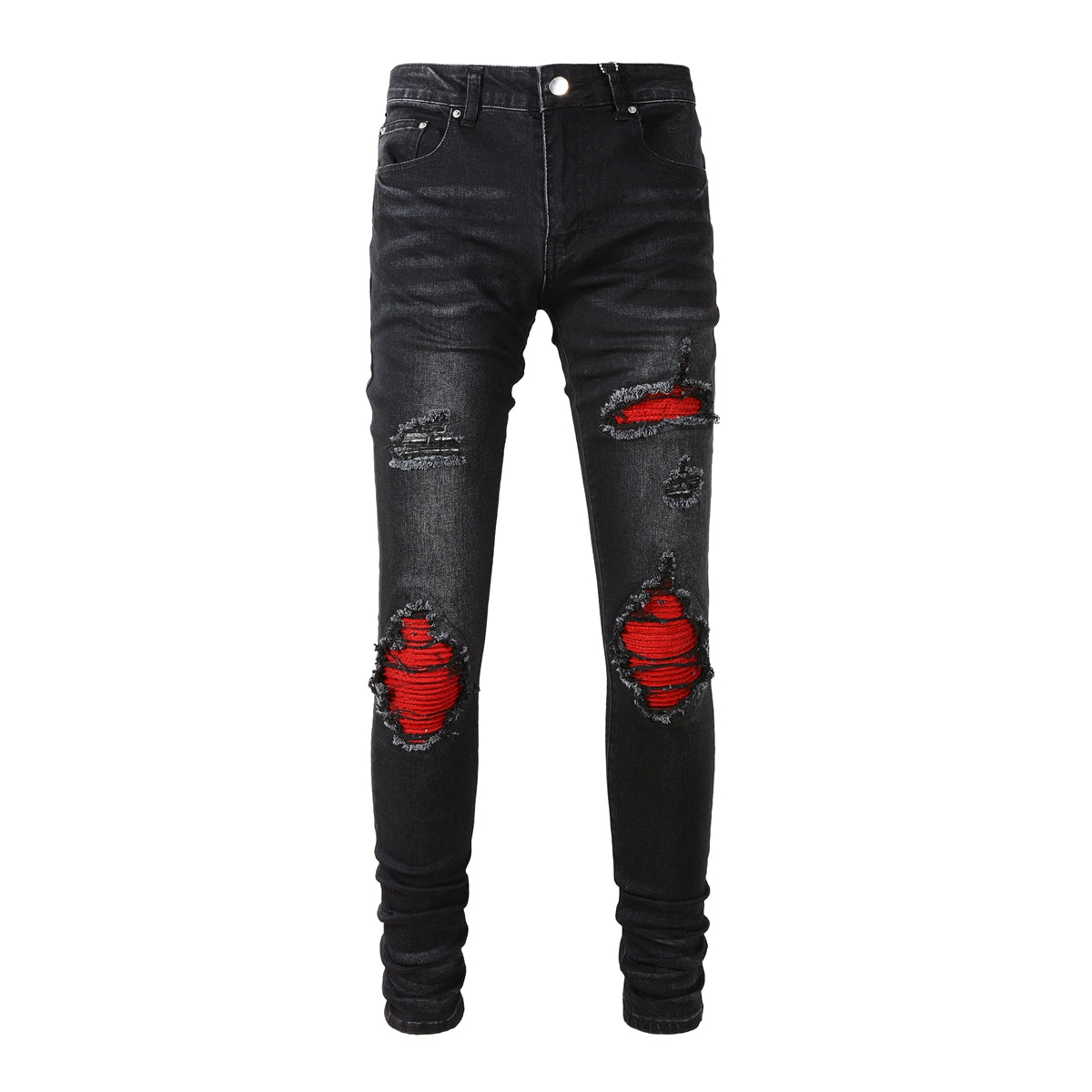 ShopBAM — Fashion Red Patch Stretch Slim Denim — Distressed Blue