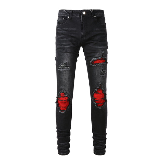 ShopBAM — Fashion Red Patch Stretch Slim Denim — Distressed Blue