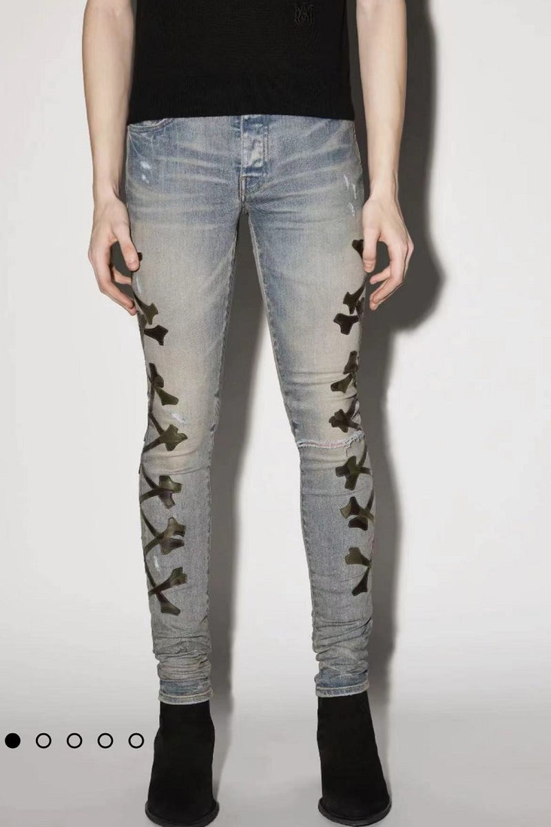 Bone-Pattern Leather Stretch Skinny Denim — Black