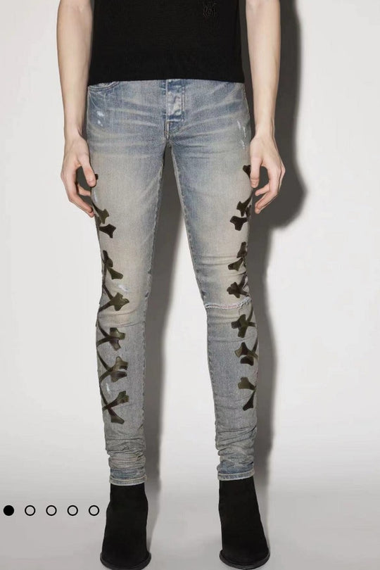 Bone-Pattern Leather Stretch Skinny Denim — Black