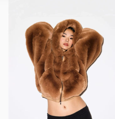 Hooded Warm Fleece Eco-Friendly Faux Fur Jacket With Zipper