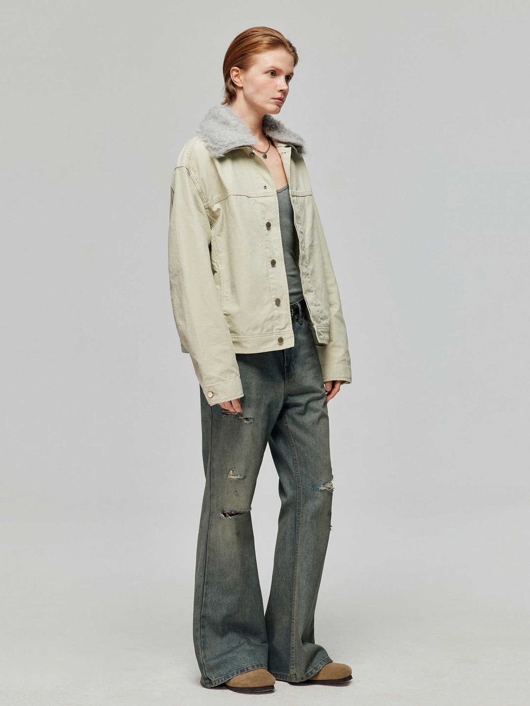 Cotton Retro Ripped Loose Micro-Flare Denim — Washed Blue