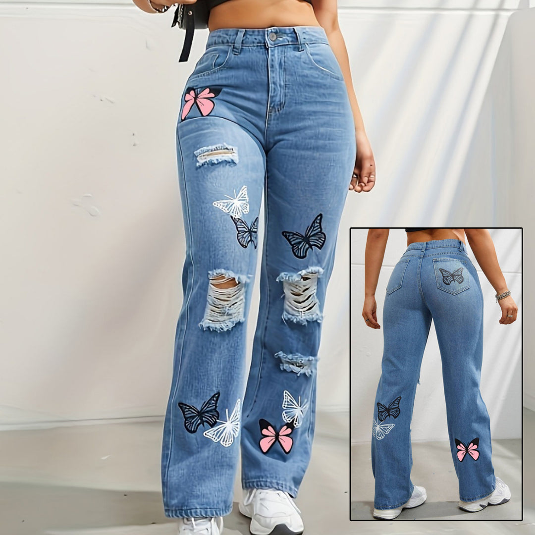 ShopBAM — Butterfly Print High-Waist Straight Jeans — Women's