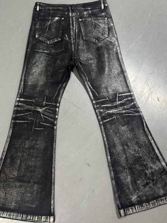 Two-Tone Bronzing Wax Distressed Flare Denim — Multi-Color