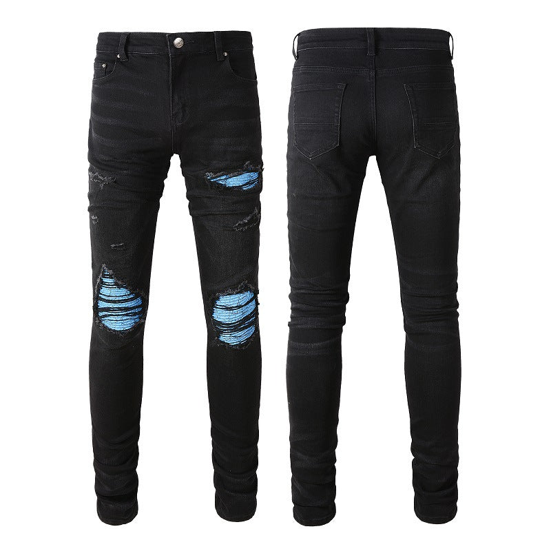 ShopBAM — Trendy Ripped Multi-Patch Elastic Denim — Blue