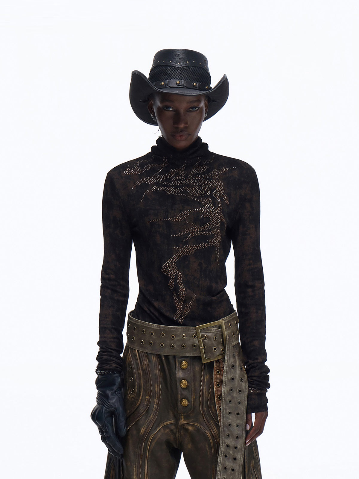 Antique Silver Copper Hot Drill High Nneck Long-Sleeve Base Top