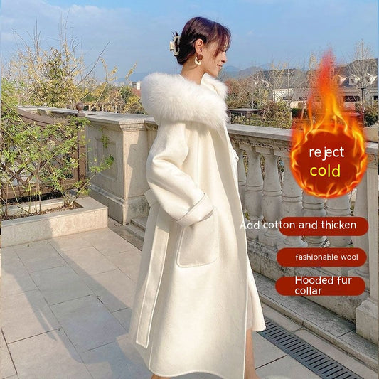 Thickened Woolen Coat Casual Hooded Lace-Up Fur Collar