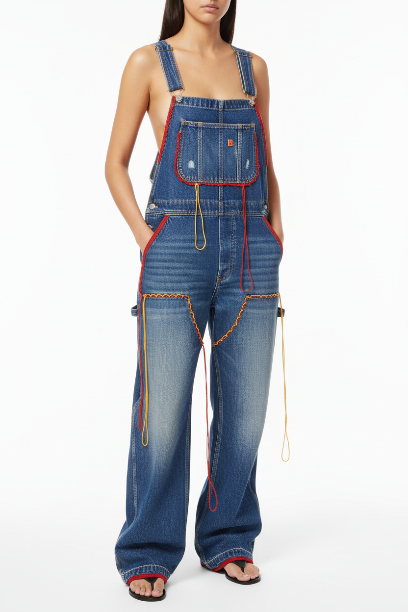 Premium Retro Deconstructed Denim Overalls editorial shot