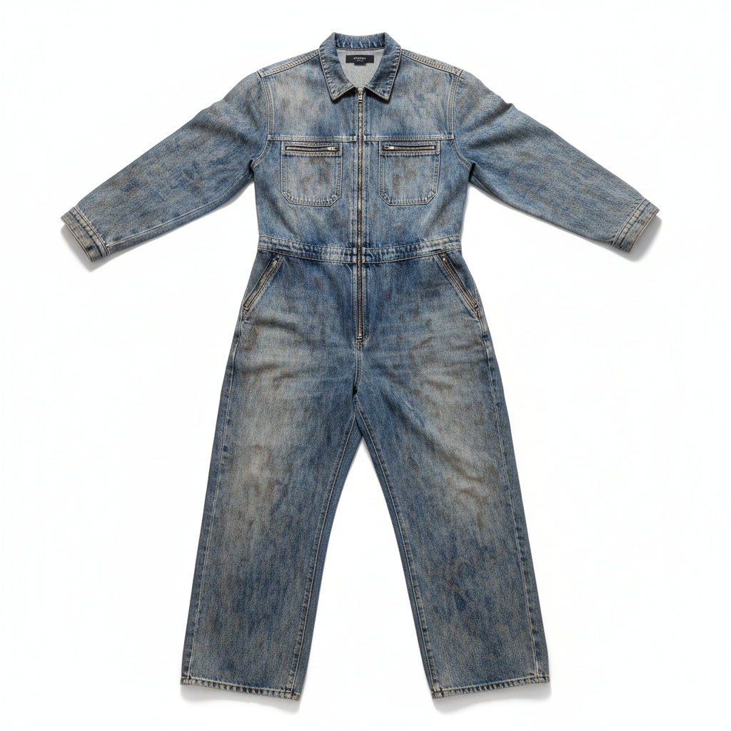 Denim jumpsuit flat lay product photography