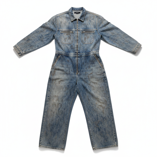 Denim jumpsuit flat lay product photography