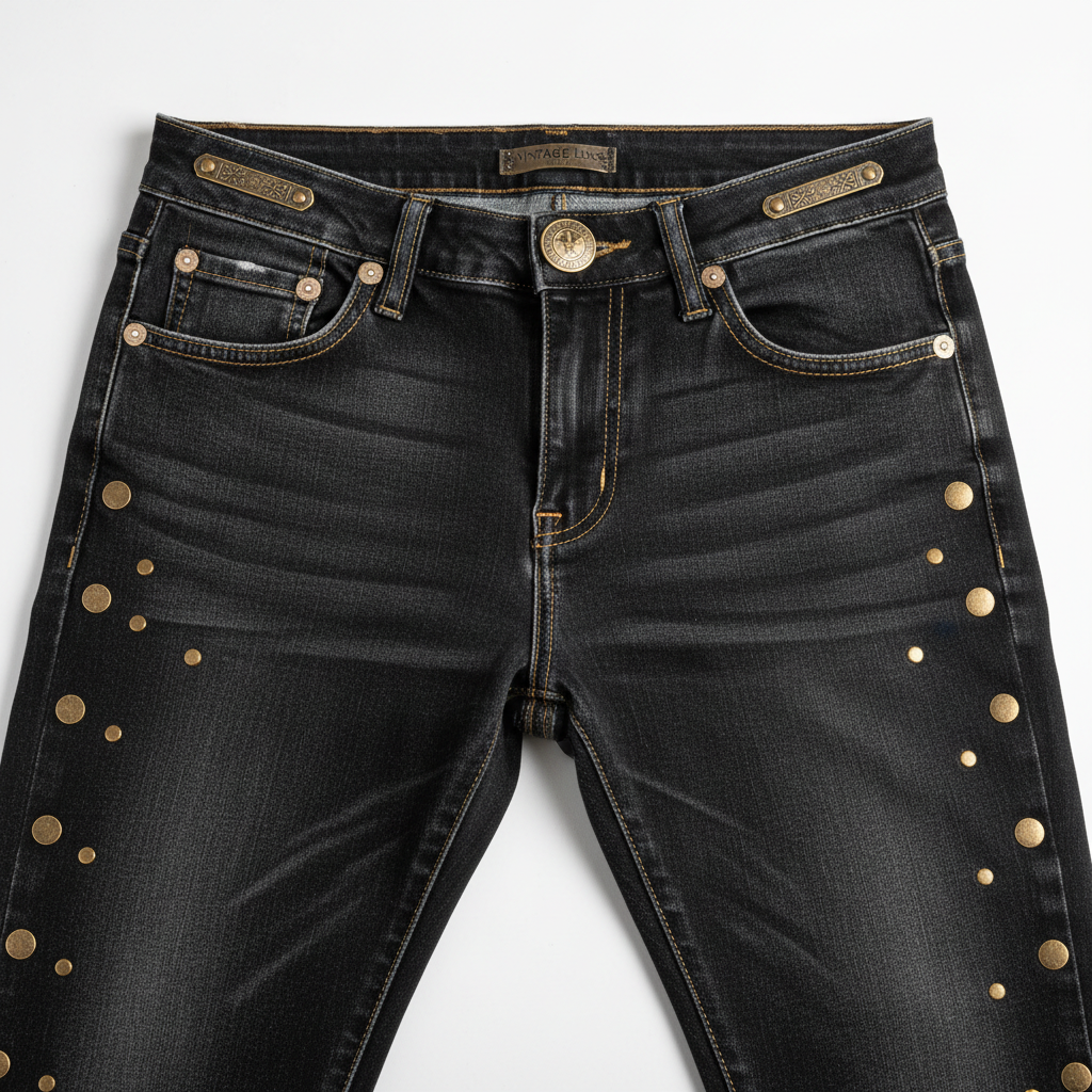 Retro rivet skinny jeans flat lay product photography