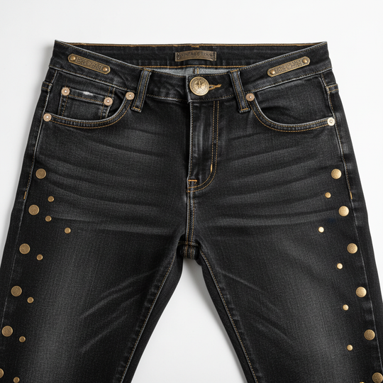 Retro rivet skinny jeans flat lay product photography