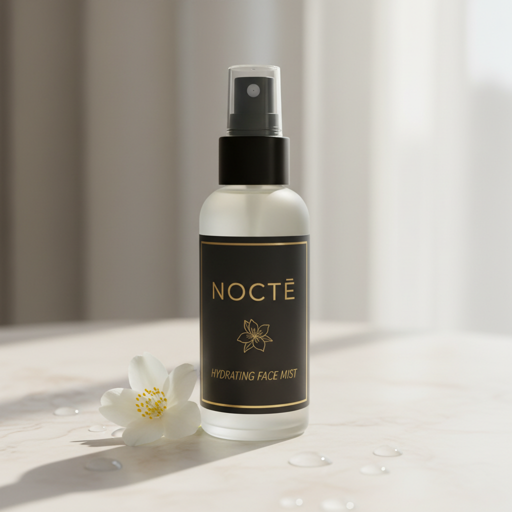 NOCTĒ Beauty Hydrating Face Mist — frosted glass spray bottle with gold label and jasmine flower prop