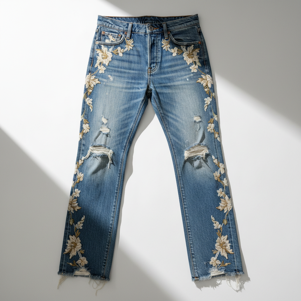 Premium distressed jeans flat lay product photography