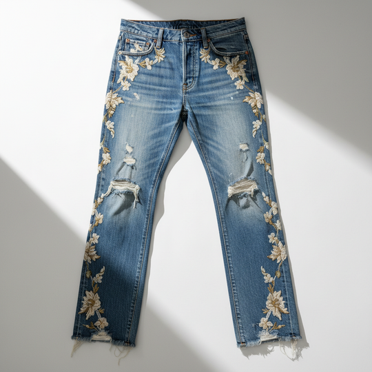 Premium distressed jeans flat lay product photography