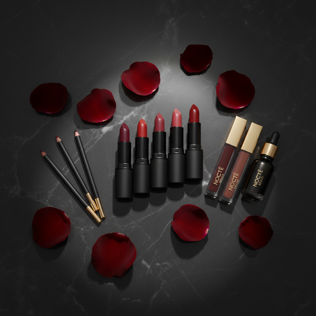 NOCTĒ Beauty — The Midnight Lip Ritual flatlay