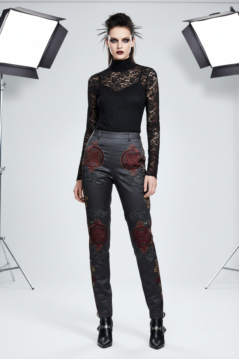 Premium Embroidered Chinese Knot Gothic Pants editorial shot