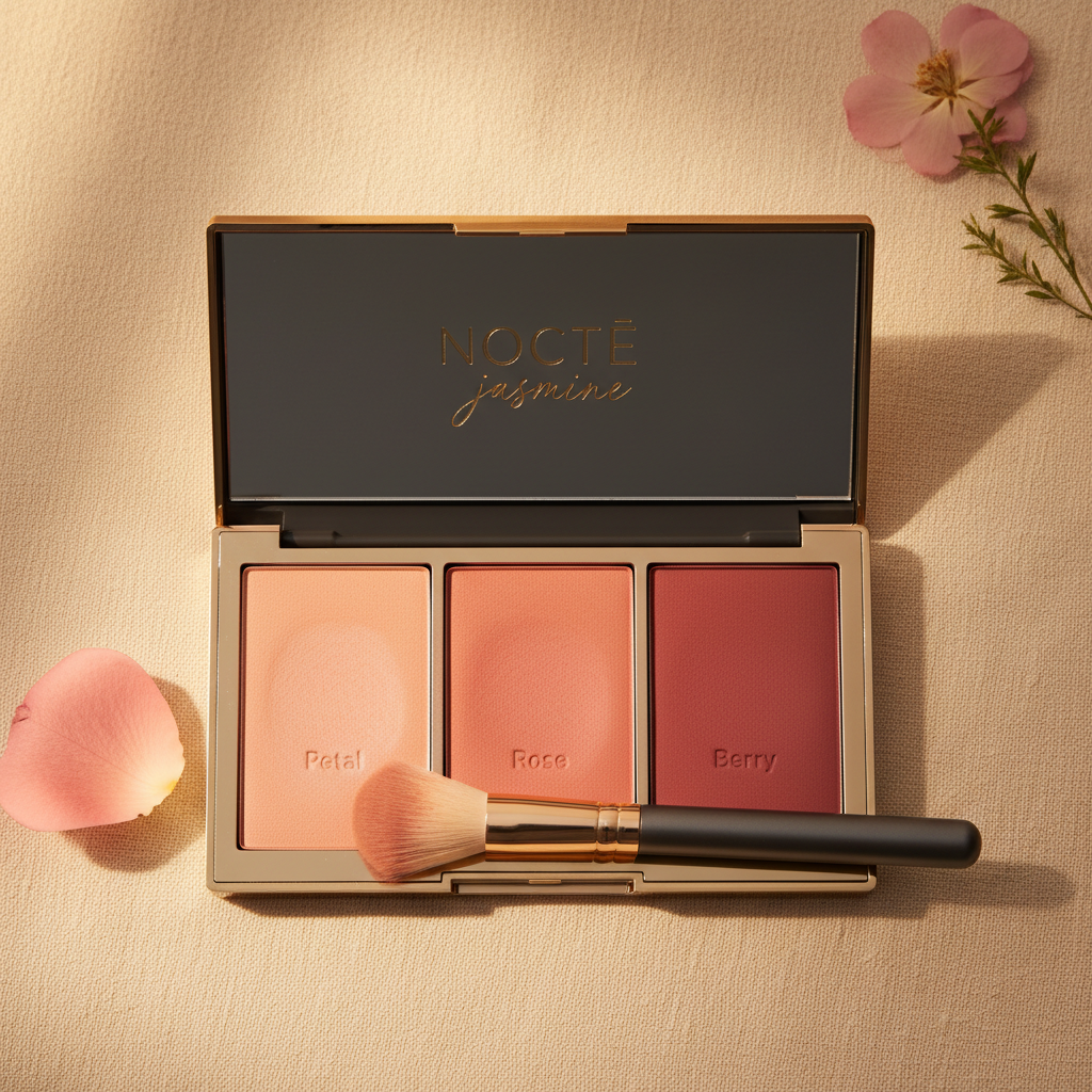 NOCTĒ Satin Blush Palette open on ivory linen with blush brush and rose petal