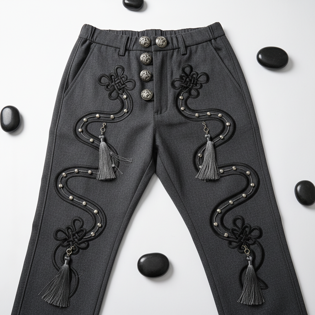 Gothic ethnic pants flat lay product photography