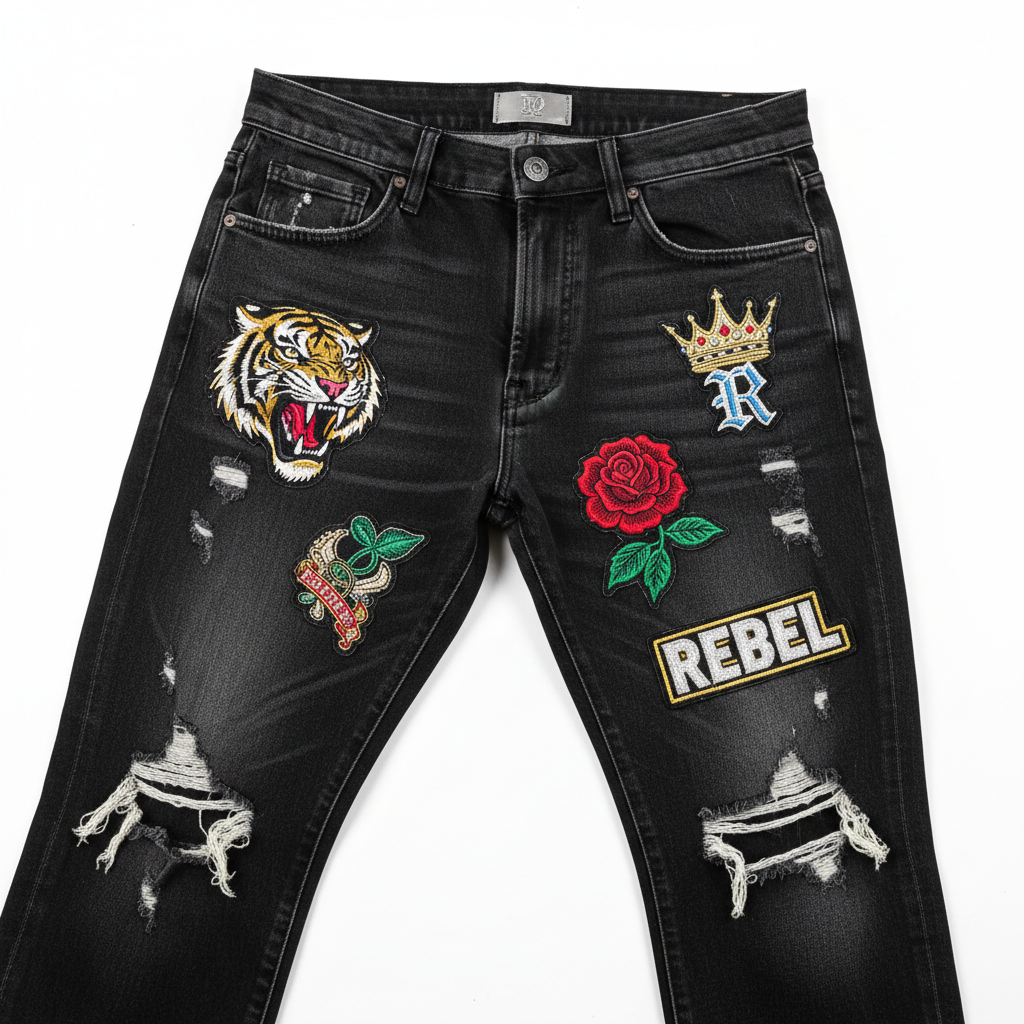 Badge-patch distressed jeans flat lay product photography