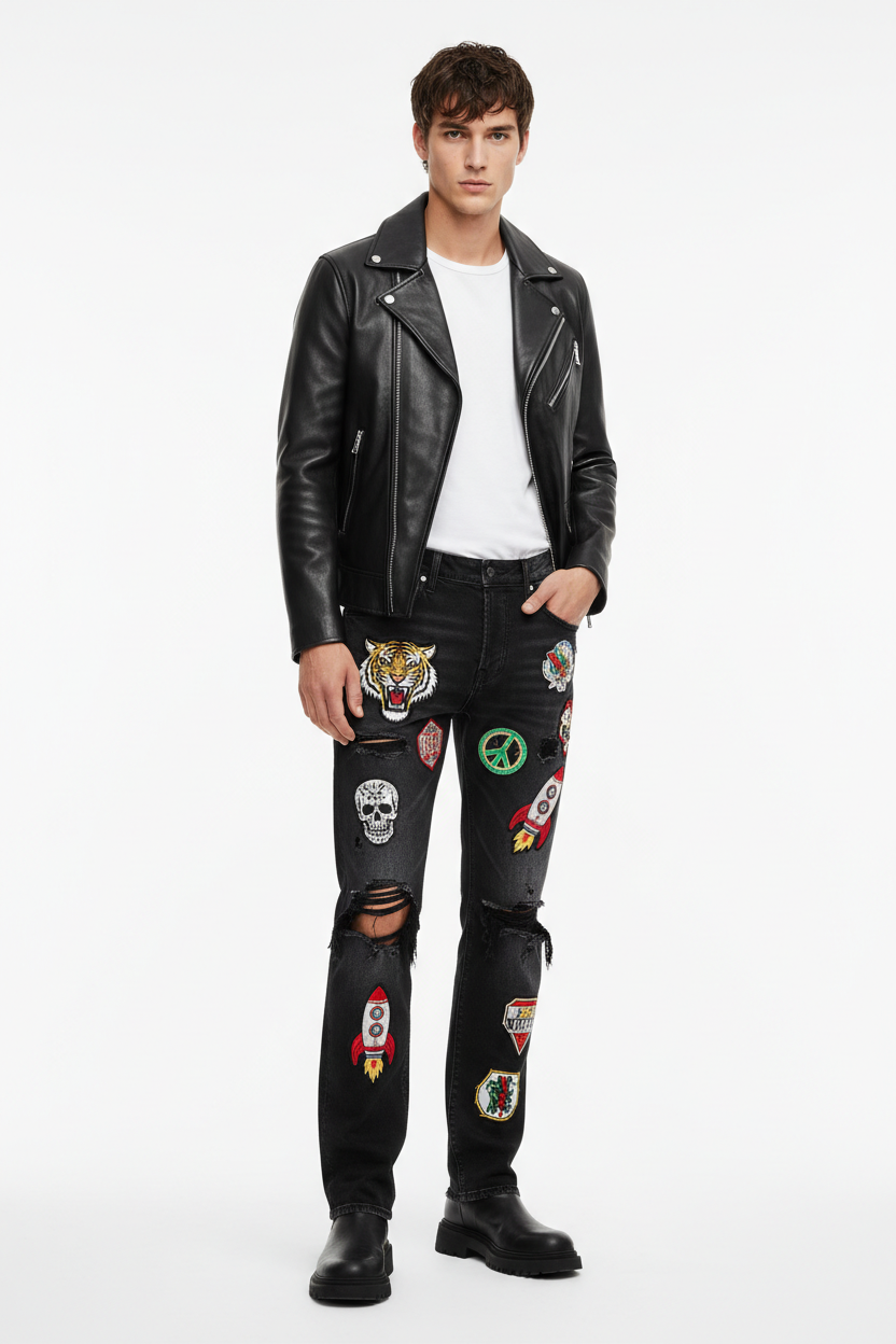 Premium Badge-Patch Distressed Denim editorial shot