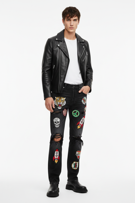 Premium Badge-Patch Distressed Denim editorial shot