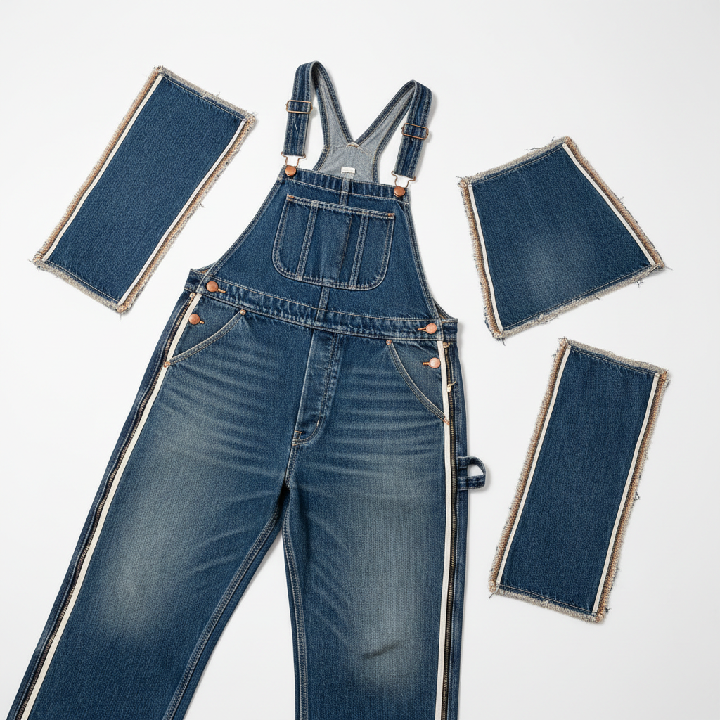 Deconstructed denim overalls flat lay product photography